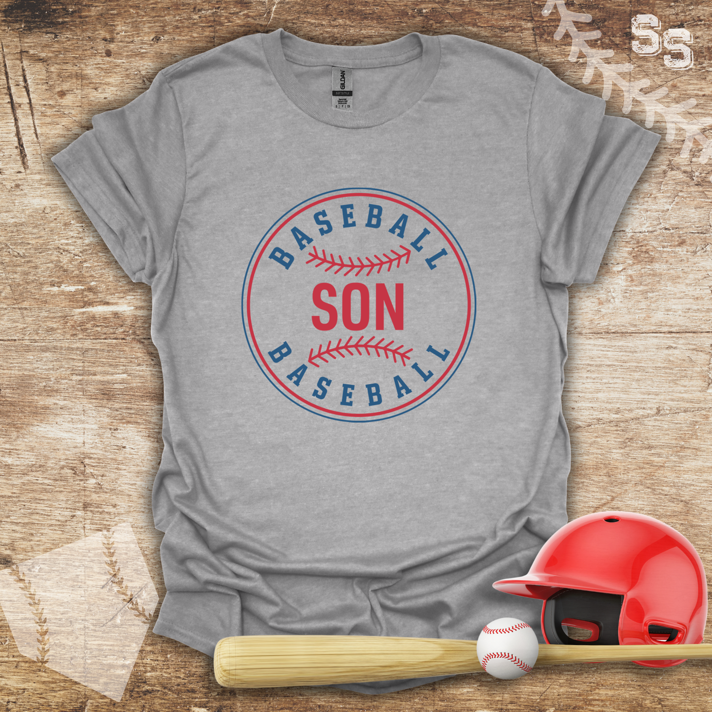 a t - shirt that says baseball son with a baseball bat and helmet