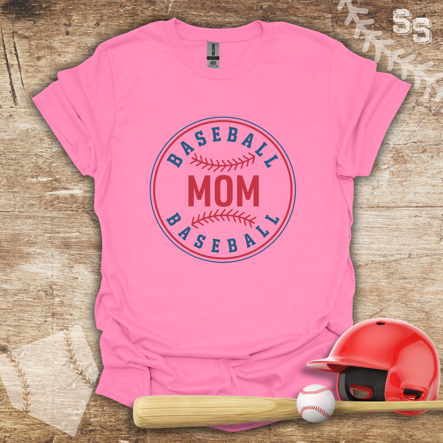 a pink shirt with a baseball mom on it