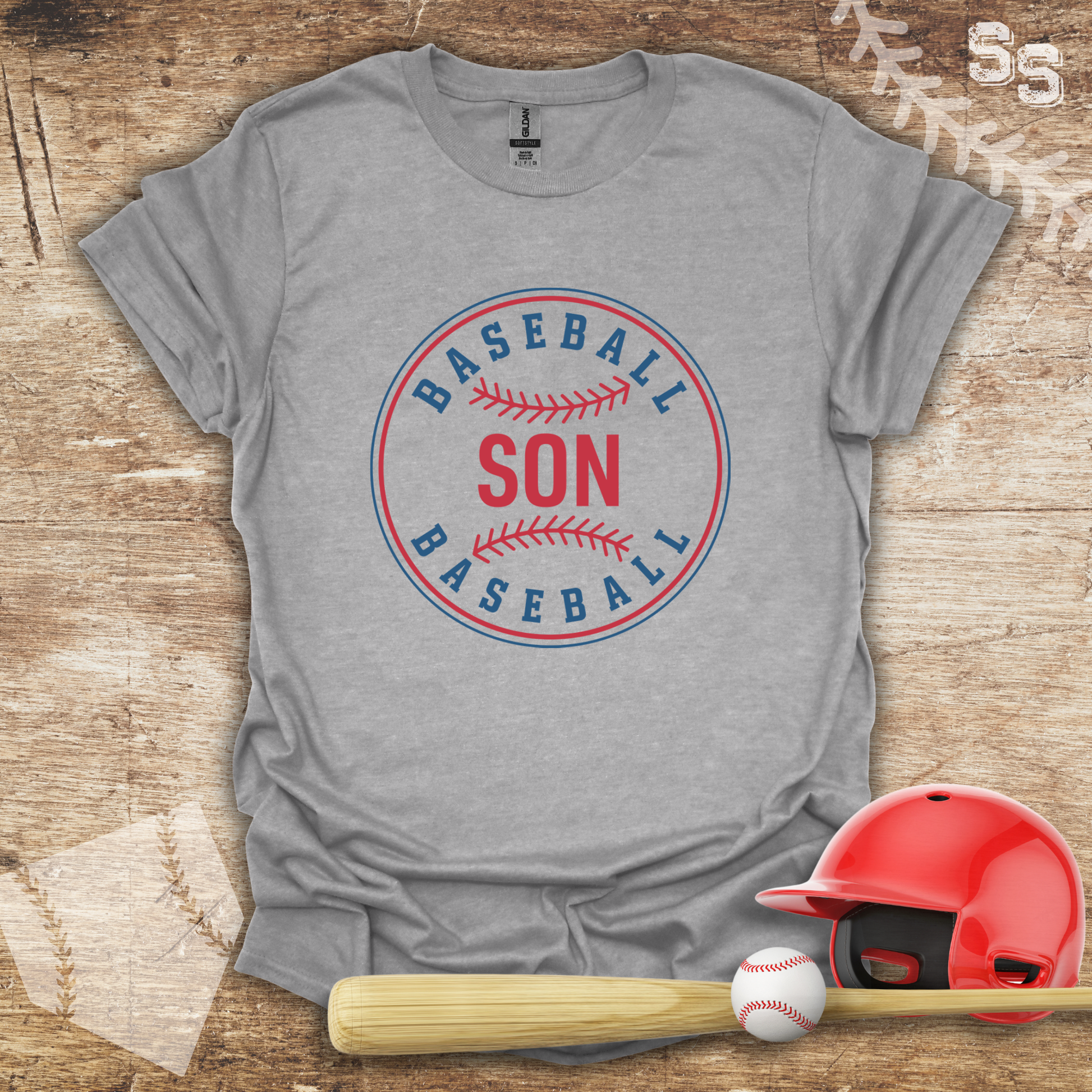 a t - shirt that says baseball son with a baseball bat and helmet