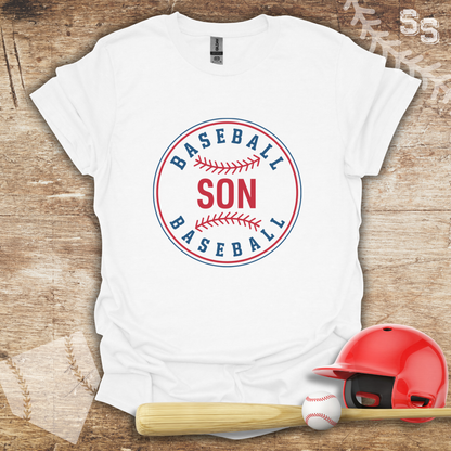 a t - shirt that says baseball son with a baseball bat and helmet